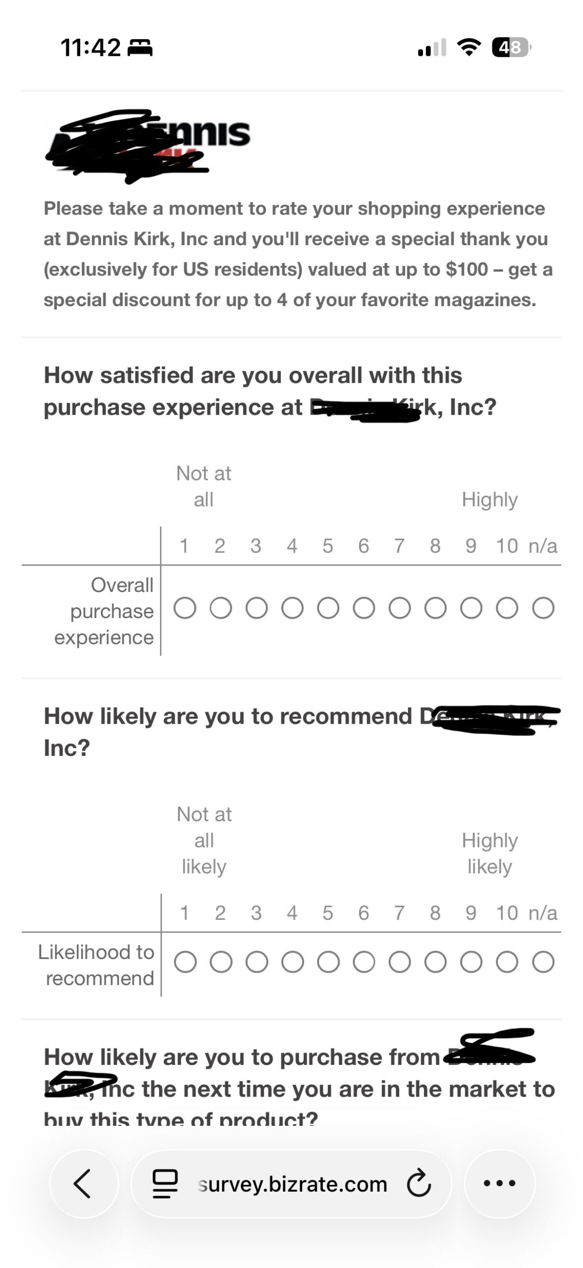 Screenshot of an outdated post-purchase survey with tiny font and old-school bubble response options on a mobile device